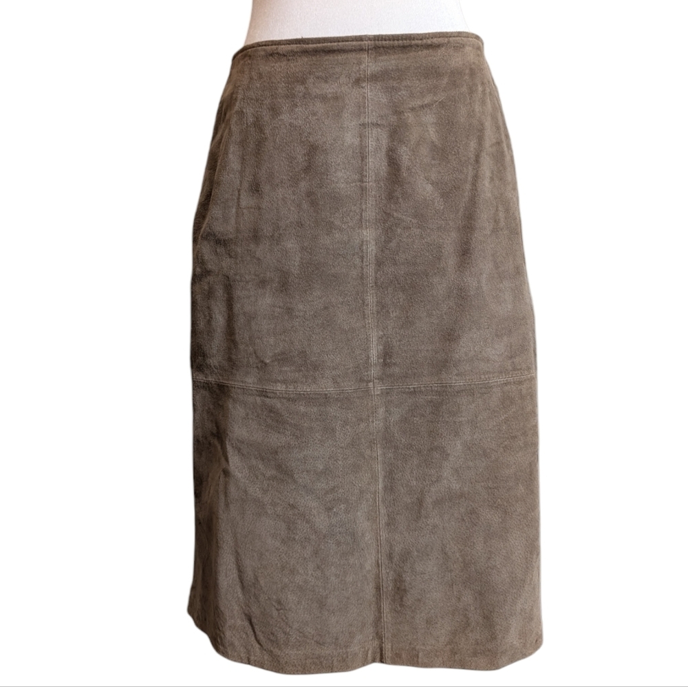 St John's Bay Tan Suede Leather Slit Western A-line MIDI Skirt Women's 6‎